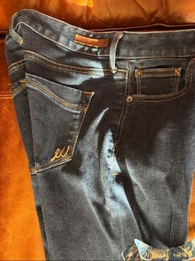 Express Dark Blue Boot Cut Jeans with Contrasting Gold Stitching